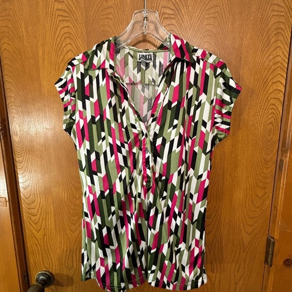 Vibrant Geometric Blouse - Pink, Green, Black - Picture 1 of 6